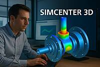 3D visualization of a mechanical part with thermal and structural analysis overlays, representing Simcenter 3D